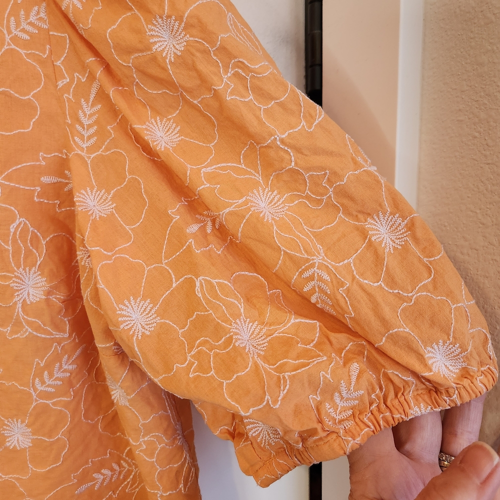 LOFT Orange Floral Puff-Sleeve Blouse Cut-Out Back With Tie Size XL Embroidered - Picture 5 of 10